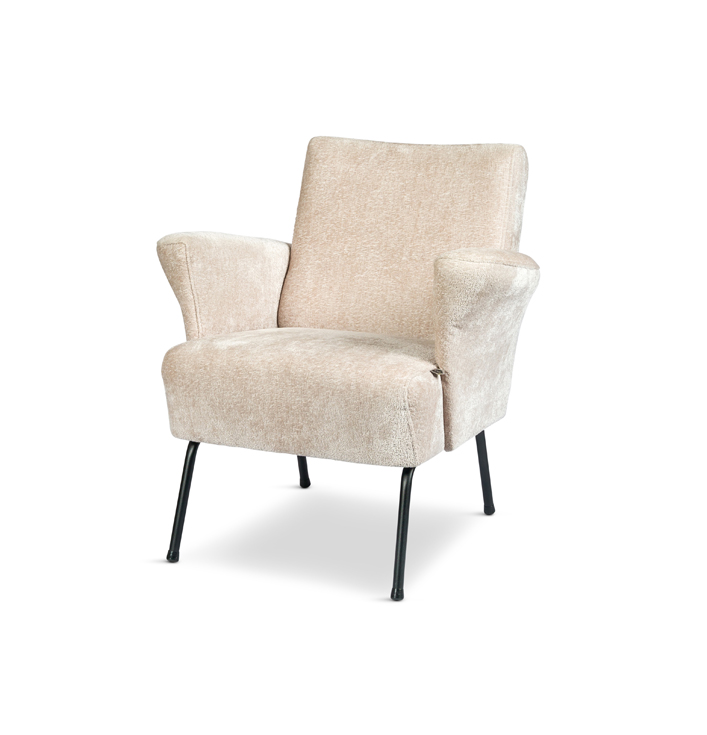 Fauteuil beige met armleuning zwart metalen poten