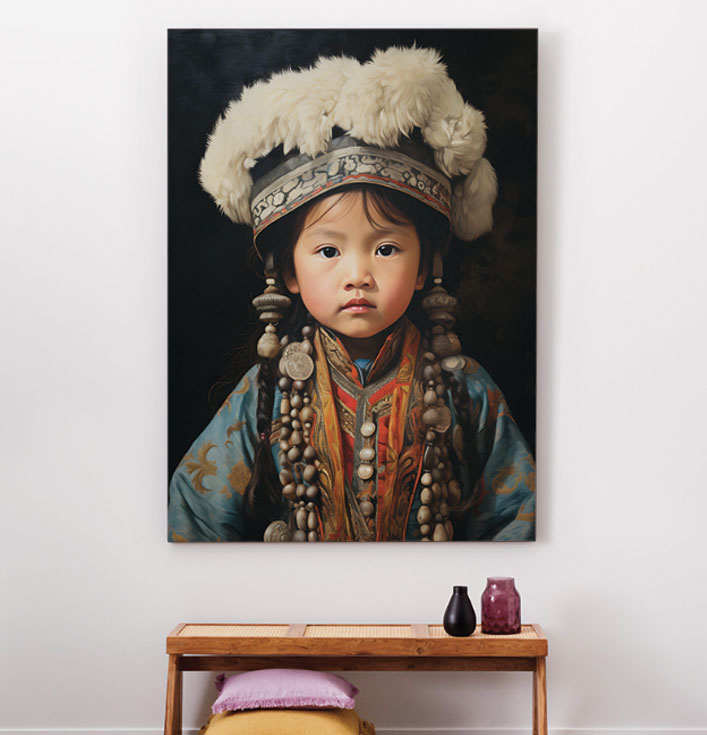 wandkleed traditional child kindje met hoed
